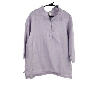 Lintico Blouse Purple Linen 3/4 Sleeves Relaxed V-neck Pleated Top NWT Size XL